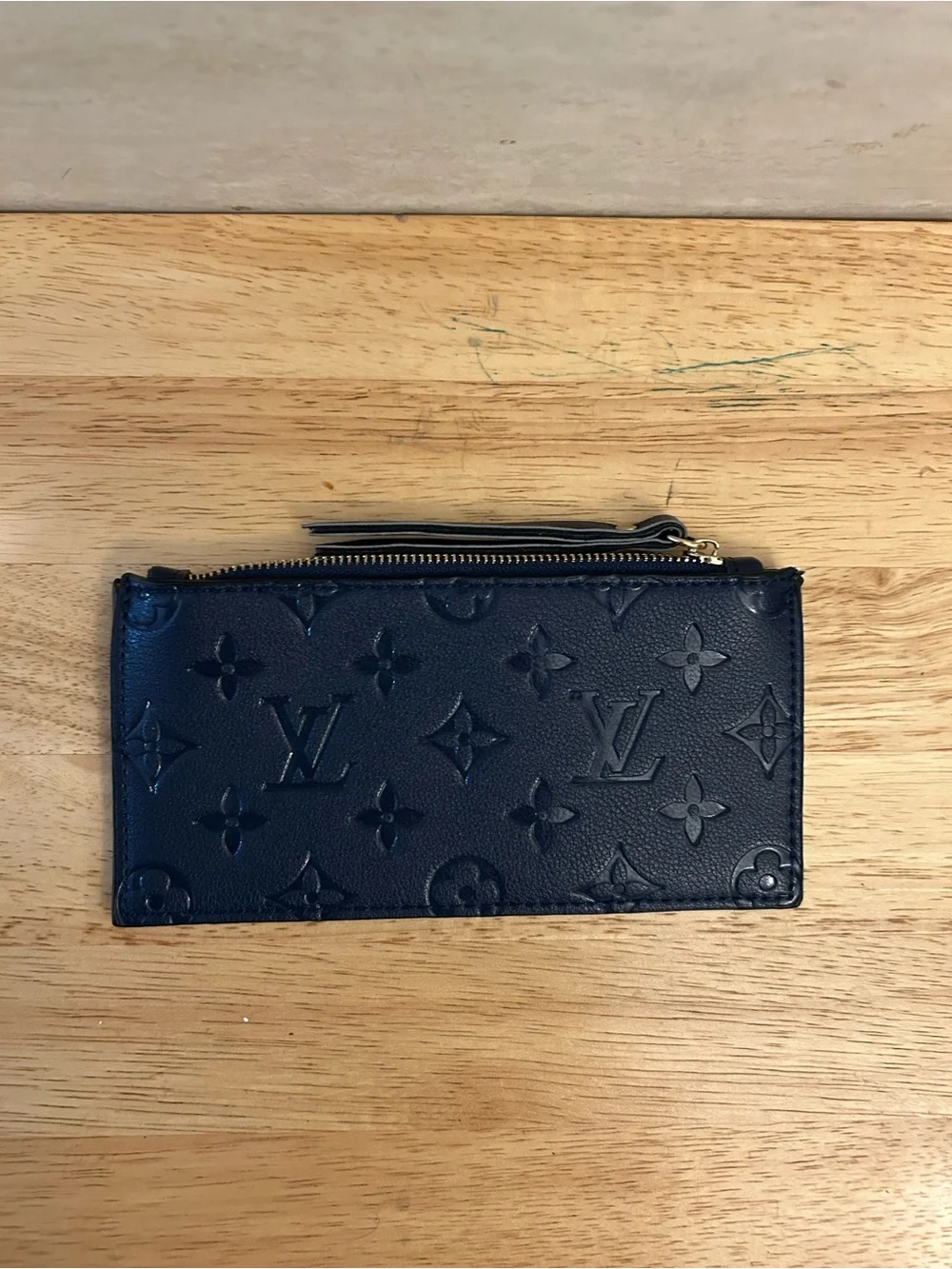 Designer Inspired Embossed Monogram Leather Zip Card Holder in Navy